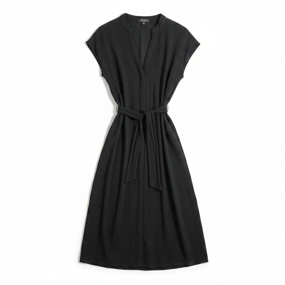 PAPILLON Womens Button Front Tie Waist Belted Cap Sleeve Midi Dress Black Work